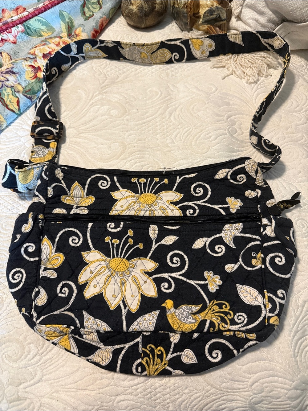 Vera Bradley Black Floral Quilted Crossbody with Yellow Accents
